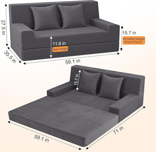 MeMoreCool Folding Futon Couch Queen – Boneless Corduroy Sofa Bed, Convertible Foam Floor Lounger with Pillow & Washable Cover, Foldable Sleeper for Living Room, Bedroom, Guest Space