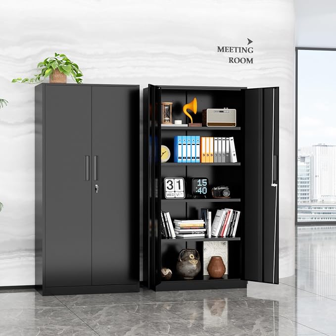 Bonusall 72" Storage Cabinet,2 Locking Doors & 4 Adjustable Shelves,Tall Cabinets,Heavy Duty Steel Cabinet for Home, Office, Warehouse, School (Black)
