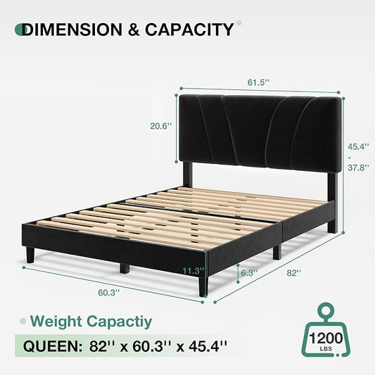 Novilla Queen Bed Frame, Queen Size Bed Frame with Wooden Slats Support, Velvet Upholstered Headboard, No Box Spring Needed, Heavy Duty Feet, Easy Assembly, Black Velvet