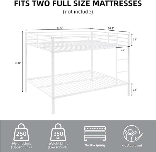EMKK Metal Bunk Bed Full Over Full with Safety Guardrails,Bedframe,Bunk Beds for Dorm,Bedroom,Guest Room,Heavy Duty Metal Slats, Noise Free, No Box Spring Needed, White