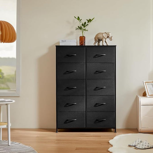 DUMOS 10 Drawer Dresser for Bedroom, Storage Organizer Chest of Drawers | Wide Fabric Closet Organizer Tower Furniture with Wooden Top Metal Frame, Dorm, Black