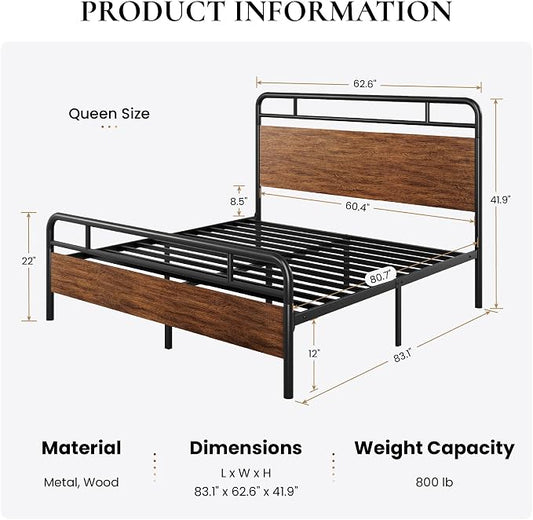 SHA CERLIN Queen Size Bed Frame with Wooden Headboard and Footboard, Rounded Corner Metal Structure, Heavy Duty Slats with Under-Bed Storage, No Box Spring Needed, Walnut