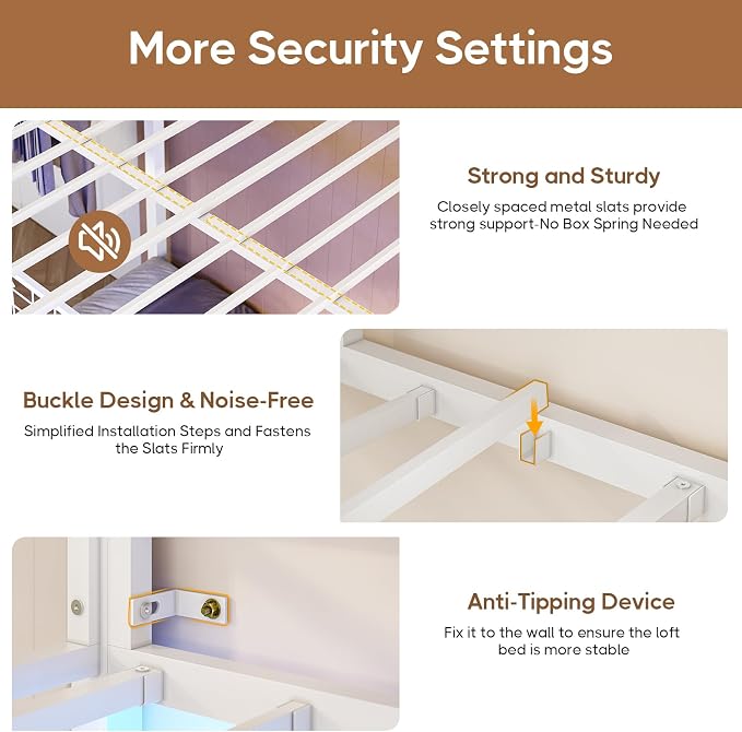 DICTAC Bunk Bed Full Over Twin with Desk and Led Lights Metal Full Over Twin Size Bunk Bed with Charging Station,Storage Shelves and Drawer,Bunk Beds for Teen/Adult with Safety Guard & Ladder,White