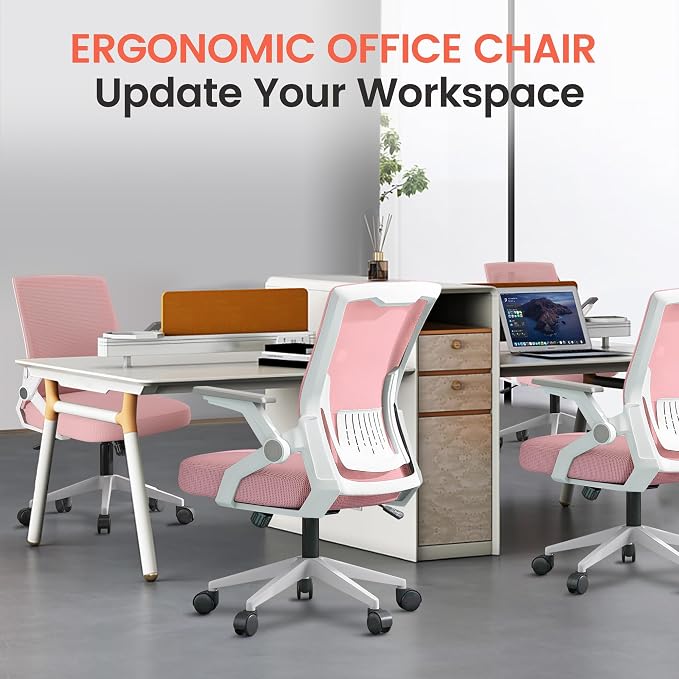 GTPLAYER Ergonomic Office Chair with Flip-up Armrests Executive Computer Chair for Home Office, Breathable Mesh & Comfy Lumbar Support, Pink