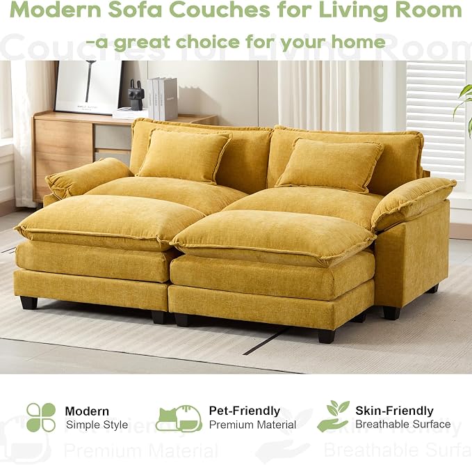 Oprisen 86" Modular Sectional Sofa, Comfy Cloud Couch Sectional Sofa with Ottoman, Chenille Sofa Sleeper Deep Seat Sofa with Throw Pillows for Living Room (Yellow)