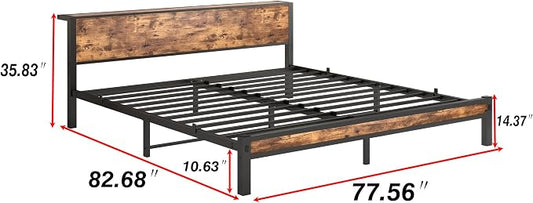 DUMEE King Bed Frame with Wood Storage Headboard, Metal Platform Bed Frames King Size, No Box Spring Needed, Noise Free, Black & Vintage Brown