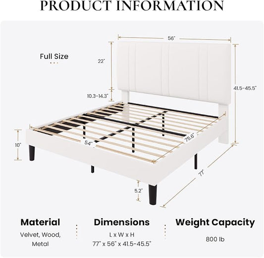 SHA CERLIN Full Size Platform Bed Frame, Velvet Upholstered Bed with Adjustable Headboard, Vertical Channel Tufted Design, Sturdy Wood Slat Support, No Box Spring Needed, Easy Assembly, White