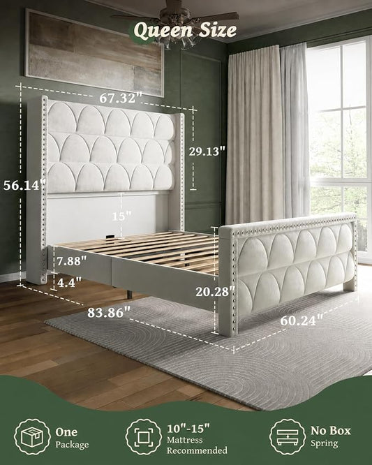 OHOHOLIVE Queen Size Bed Frame with 56" Headboard - Velvet Upholstered Wingback Platform Bed Frame, Noise Free, Sturdy Wooden Slat Support (Cream, Queen)