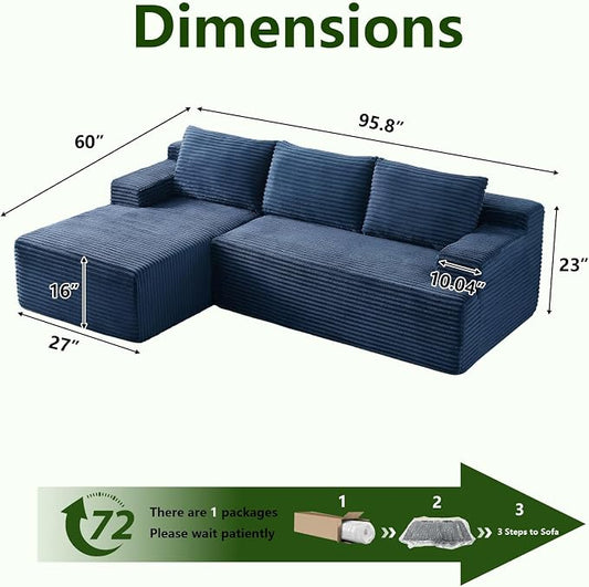 96" Modular Sectional Sofa, Modern Corduroy Cloud Couch, Boneless Couch Upholstered 3-Seater L-Shaped Sofa for Living Room, No Assembly Required (Blue, Left-Facing Chaise)