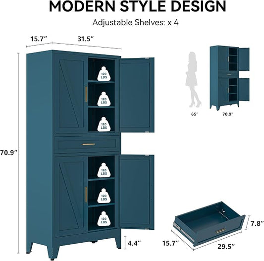 COFaR 71" Metal Pantry Cabinet with Drawer, Peacock Blue Storage Cabinet with Adjustable Shelves, 3-Section Modern Statement Cupboard for Kitchen & Bathroom