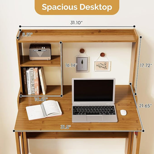 Bamboo Folding Desk with Bookshelf, Compact Computer Desk with Hutch for Small Spaces, Foldable Desk with Storage Shelf, Space-Saving Home Office Desk for Bedroom, Dorm, Apartment,Brown