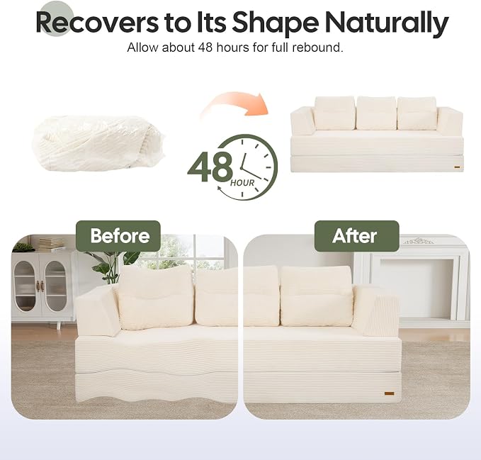 COMAX Futon Sofa Bed, Convertible Sofa Bed, Folding Boneless Couches | Boneless Couch for living room, Fold Out Small Foldable Loveseat Floor Sleeper Mattress Lounge Space‑Saving, Queen 79"