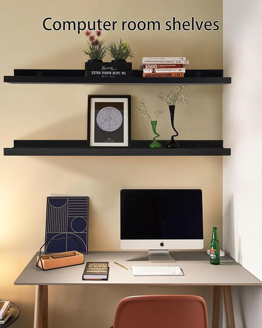 MBYD 36 Inch Floating Shelves Black, Wooden Picture Ledge Photo Shelf for Wall with Lip Set of 2, Wall Mount Display Nursery Shelf for Books, Vinyl Records, Bedroom Living Room Bathroom Kitchen Decor