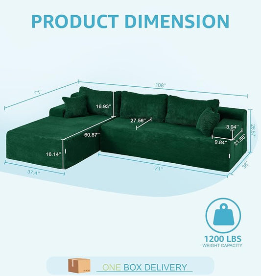 Hobestluk Modular Sectional Sofa Couches L-Shape Couch 3 Seat Modular Sofa Memory Foam Sectional Couches for Living Room, Cloud Couch with Oversized Chaise (Green Corduroy, 108", Left Hand Facing)