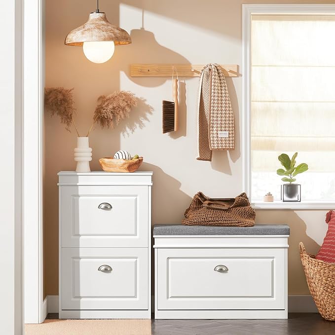 Haotian Shoe Storage Bench with Cushion, White Narrow Shoe Rack for Entryway, Small Shoe Cabinet with Flip-Drawer, Closet Hallway Mudroom FSR82-L-W