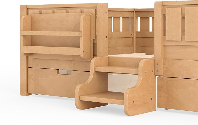 Bellemave Full Size Kids Bed with high Rails and with Built-in Bookshelf and Drawers for Kids, Girls, Boys, Wood Montessori Bed Without Door, Light Natural