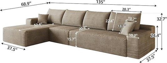135" Oversized Cloud Sectional Couch Boneless Sofa for Living Room, Fluffy Corduroy Corner Couch with Deep Seat, Compressed Modular Sectional Sofa with L-Shaped Chaise, No Assembly Required