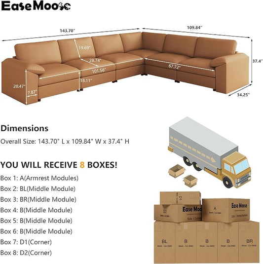 EASE MOOSE Leather Sectional Couch, Oversized Modular Sectional Sofas, Wide Deep Seat Modular Couch, Scratch Resistant Faux Leather Material, L Shaped Sofa for Big Spaces, Brown