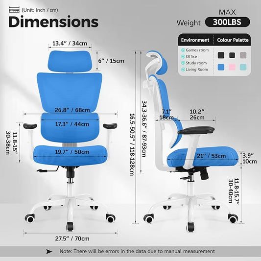 Ergonomic Office Chair High Back Desk Chair with Lumbar Support, Breathable Mesh Computer Chair with Adjustable Armrests Height, Reclining Swivel Big and Tall Gaming Chair for Home Office(Sky Blue)