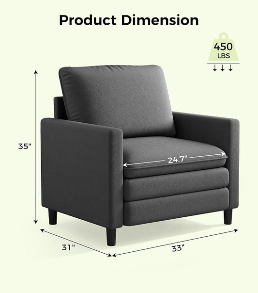 Welzona 3-Layers Cloud Accent Chair, 33" Reading Chair for Bedroom, Living Room - Tool-Free Assembly with Teddy Fabric Couch Chair - Grey - Arm Chairs - Removable Washable Covers - 450lb Capacity