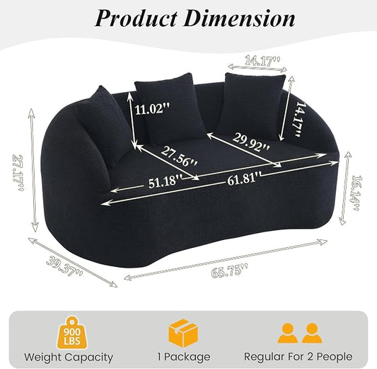 66" Curved Loveseat Sofa for Small Space, Boneless Chenille Boucle Cloud Couch, Luxury Extra High Back & Deep Seat, Oversized Comfort with No Assembly Required for Office, Dorm (Black)
