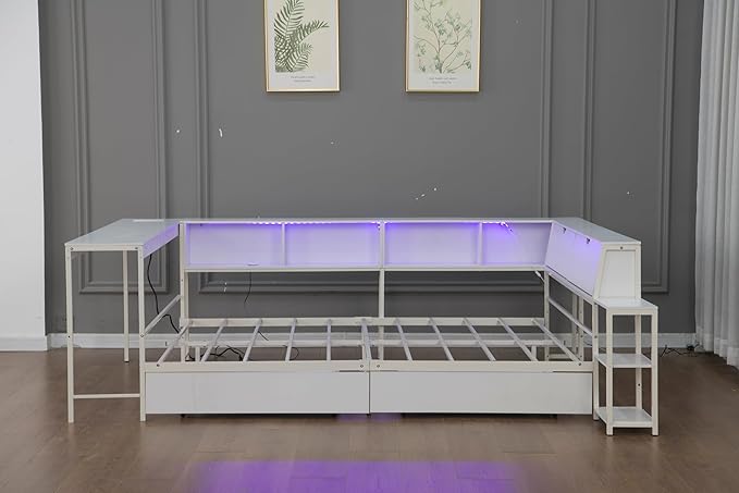 Bellemave Full Size Corner Bed Frame with Desk and Storage, Full Size Captains Bed with Charging Station and LED Light, Wood Daybeds with L-Shaped Bookcase and 2 Drawers, White