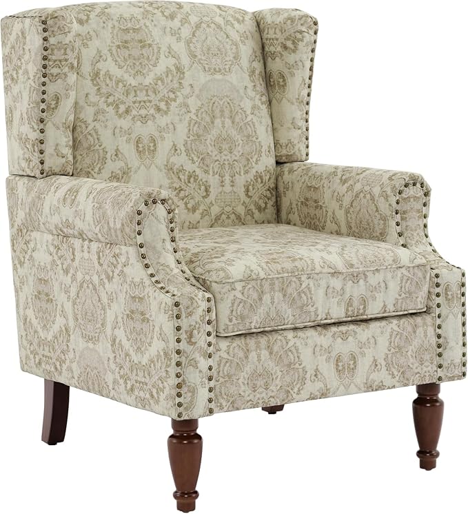 High Back Accent Chairs Set of 2, Fabric Wingback Chair Floral Upholstered Armchair for Living Room - White
