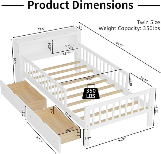 Kids Twin Size Bed Frame with Storage Drawers and Bookcase,Wood Twin Bed Frames for Kids,Twin Bed Frame with Headboard and Footboard for Boys Girls,No Box Spring Needed,White