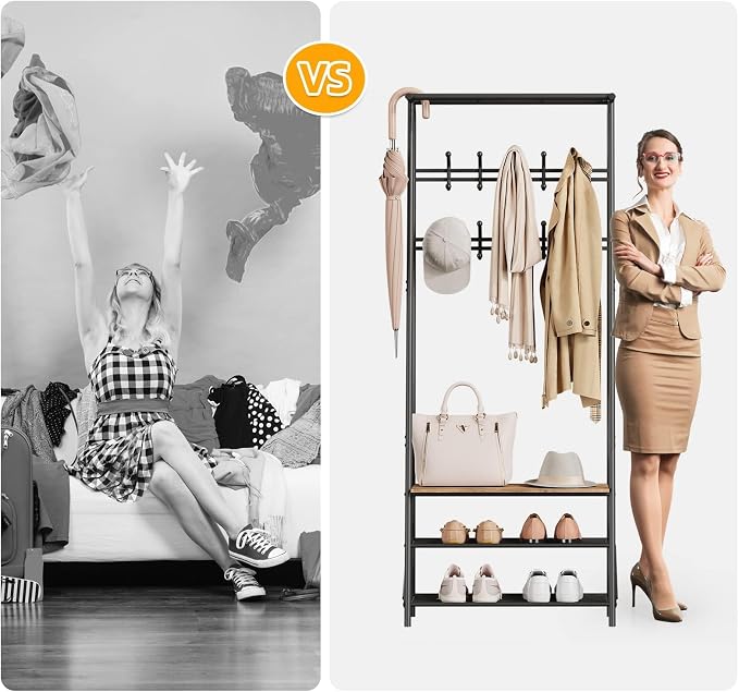 Jojoka Coat Rack Hall Tree with Shoe Storage Bench, 4-in-1 Entryway Organizer with 10 Hooks & 3-Tier Shoe Rack, Sturdy Metal Frame Freestanding Storage Unit for Hallway (Brown-Double Row, 25.2in)