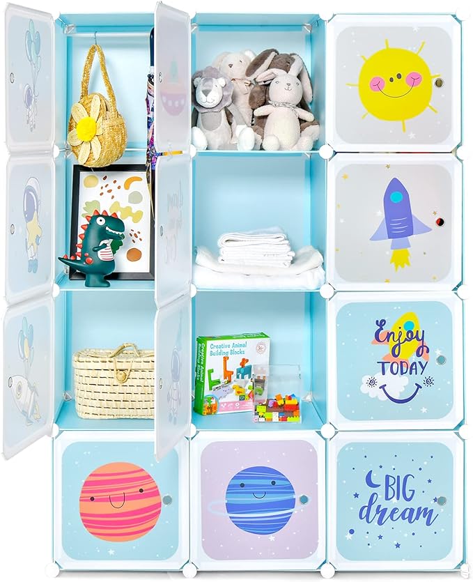 INFANS Children Wardrobe, Kid Closet Portable Baby Dresser Cute for Kids Bedroom Nursery Armoire with Doors 12 Cube 2 Hanging Sections, Kid Clothes Storage Organizer (Blue, 12 Cubes)