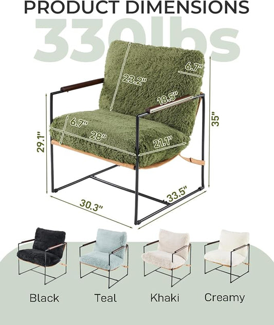 Karl home Modern Metal Frame Accent Chair, Green | Plush Fleece Upholstered, Wood Padded Armrest, 28" Seat Width, Comfy Lounge Armchair for Living Room, Bedroom, Apartment