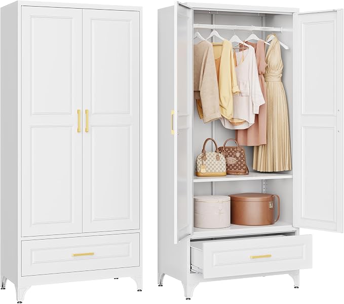 Metal Wardrobe Cabinets with Drawers,Black Armoire Wardrobe Closet with Hanging Rod,Clothes Storage Cabinet with Adjustable Shelves and Doors,Clothing Cabinet for Bedroom,Laundry Room