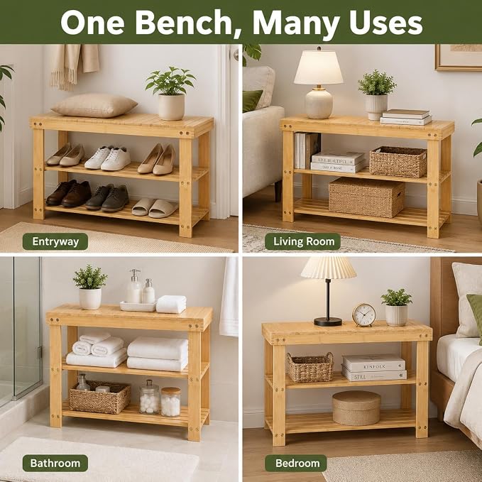 Shoe Rack Bench, 3-Tier Shoe Storage Organizer for Entryway , Shoe Shelf for Small Spaces, Multi-Functional Side Table Plant Stand, Shoe Stand for Bedroom, Living Room, Closet, Front Door, Natural