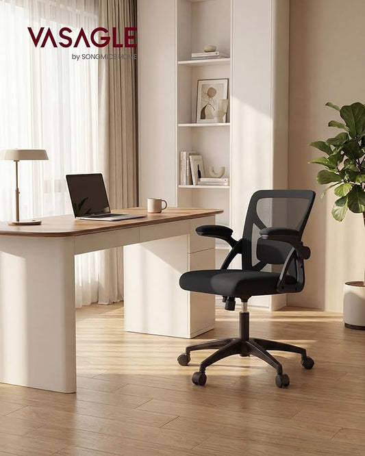 VASAGLE Ergonomic Mesh Office Chairs with Adjustable Lumbar Support, 90-105° Tilt Function, Wide Seat, Flip‑Up Armrests, Computer Desk Chairs for Home Office, Set of 2, Ink Black