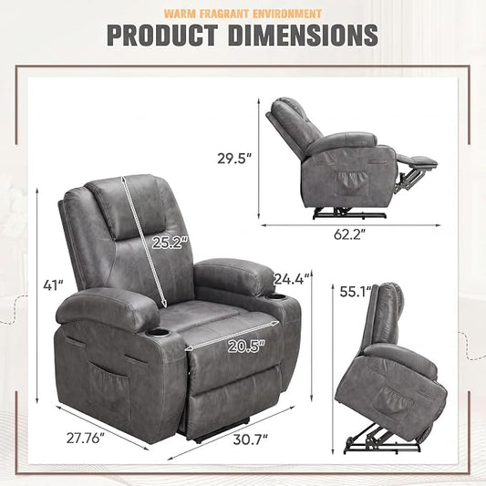 Flamaker Power Lift Recliner Chair Electric Lift Recliner for Elderly Power Lift Recliner Chair with Cup Holders Side Pockets for Living Room (Leathaire, Light Gray)