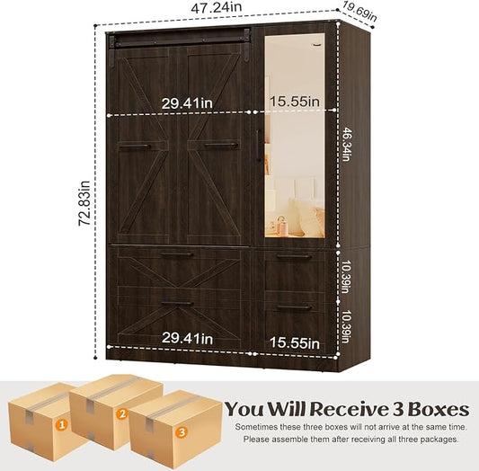 PAKASEPT Armoire Wardrobe Closet with w/Folding Sliding Barn Door | Bedroom Armoires with Mirror and LED Lights, Hanging Rod, Clothing Storage Cabinet for Bedroom (3 Doors)