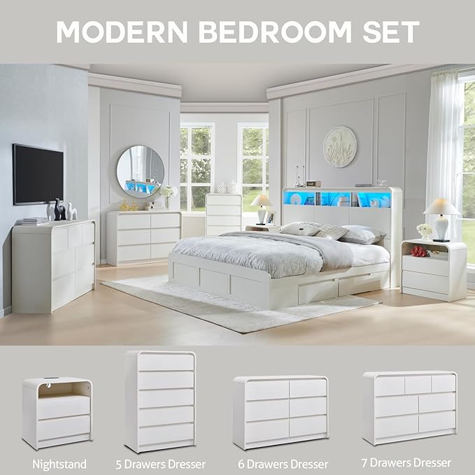 Aitjunz Modern 7 Drawers Dresser for Bedroom, 47" Wide Wood Dressers & Chests of Drawers w/Curved Profile Design, Mid Century Modern Dresser w/Natural Texture for Bedroom, Living Room,Antique White