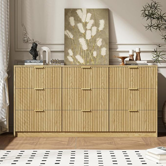 MAISONARIA 3-Piece Dresser Bedroom Set, 9 Drawer Dresser & 3 Drawer Nightstands with Gold Handles, Fluted Wood Chest of Drawers for Bedroom, Living Room, Entryway, Natural