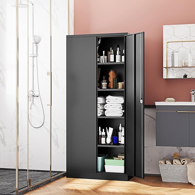 Fesbos Metal Storage Cabinet-71” Tall Steel File Cabinets with Lockable Doors and Adjustable Shelves-Black Steel Storage Cabinet for Home,Kitchen, School, Office, Garage