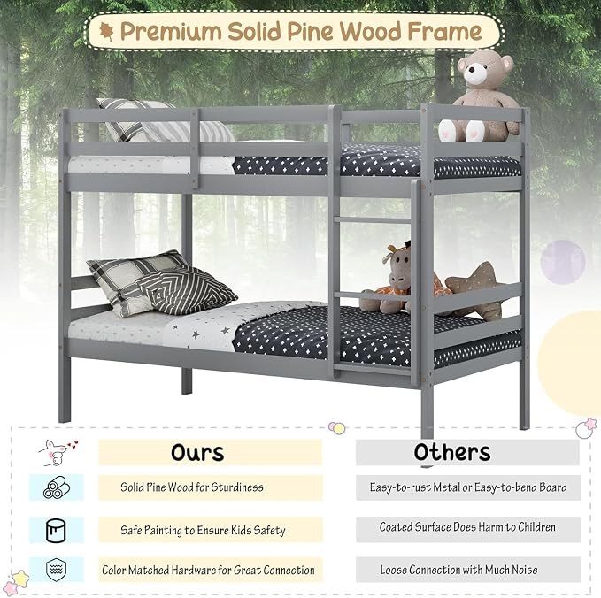 NAFORT Bunk Bed Twin Over Twin, Solid Wood Bunk Bed with Ladder and Safety Rails, Wooden Bed Frame for Kids Teens or Guests, Space-Saving Furniture for Bedroom Dorm, Gray