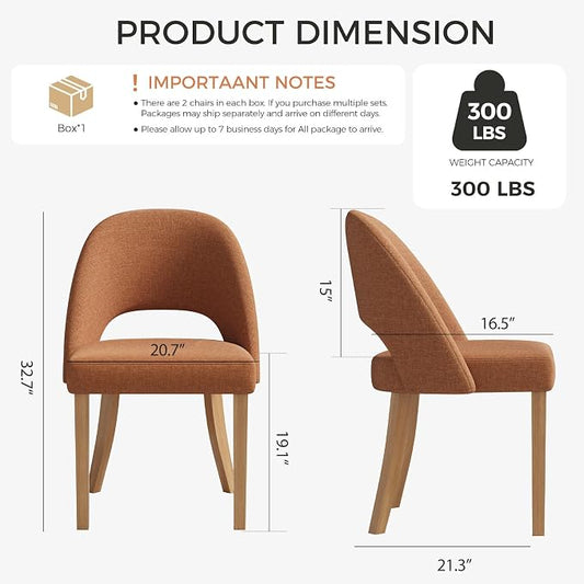 Wooden Dining Chairs Set of 2, Upholstered Modern Chenille Dining Room Chair Kitchen Chairs, Comfy Farmhouse Dinner Chair for Kitchen Dining Room, Orange