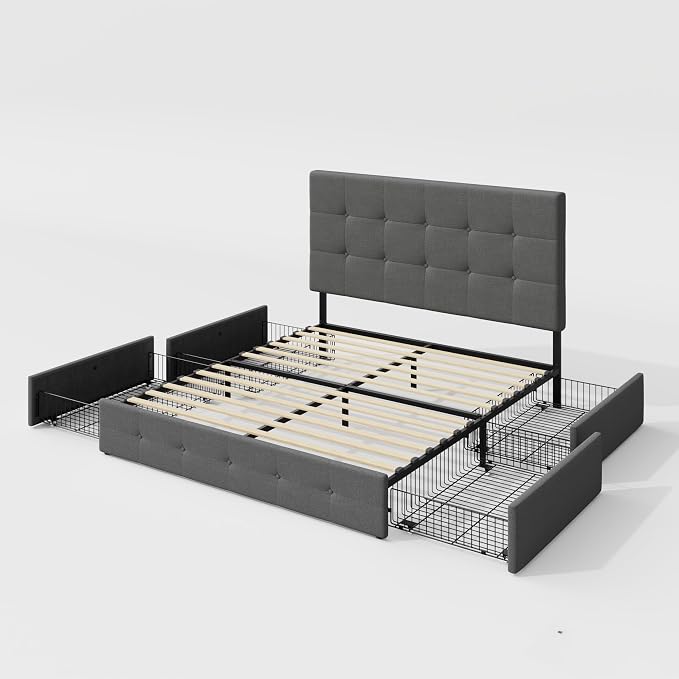 Allewie Upholstered Full Size Platform Bed Frame with 4 Storage Drawers and Headboard, Square Stitched Button Tufted, Mattress Foundation with Wooden Slats Support, No Box Spring Needed, Light Grey