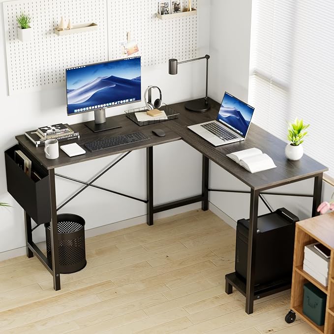 OLIXIS 50-Inch L Shaped Desk, Grey Office Computer Gaming Desk Corner PC Table with Side Bag and Reversible Shelf for Home Work Study Writing, Sturdy Durable Design with Easy Setup