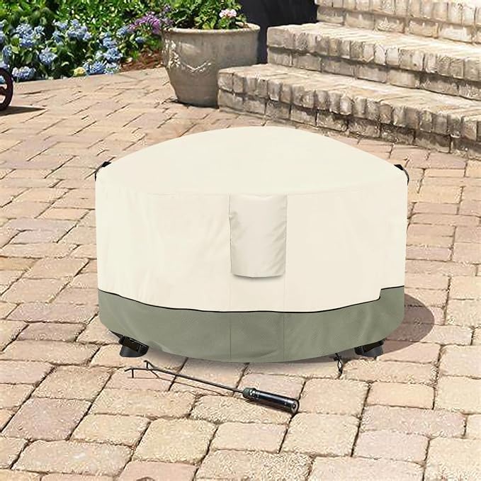 Fire Pit Cover,Outdoor Heavy Duty 600D 100% Waterproof Fire Pit Cover Round,Weatherproof Firepit Covers Round 36" Dia x 24" H,Beige
