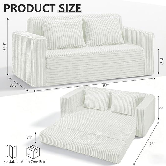 HABUTWAY 68" Loveseat Boneless Couch, 4-in-1 Convertible Sofa Bed, Plush Fur Folding Futon Sofa Bed Couches with 2 Pillows for Living Room, High-Density Foam Support, No Assembly Required, Beige