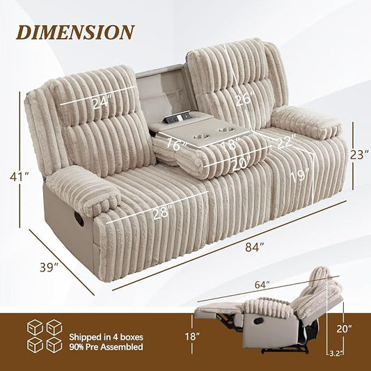 Oversized Reclining Sofa Set with Hidden Cup Holders & Wireless Charger, Manual Double Recliner Sofa, Wall Hugger Recliner Couch with USB Ports for Living Room (Beige, Loveseat+Sofa)
