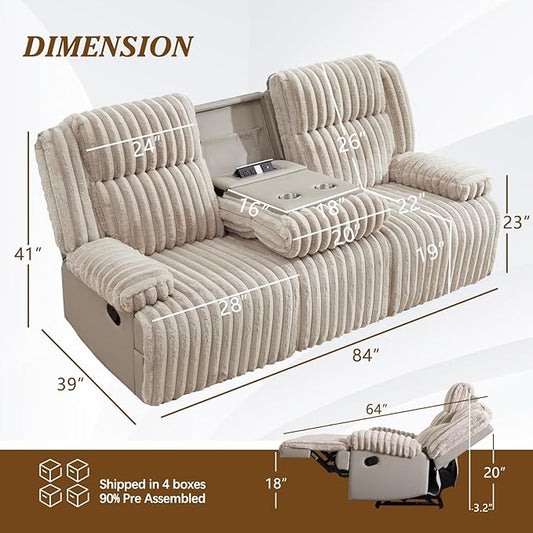 Oversized Reclining Sofa with Flip-Up Middle Backrest, Manual 3 Seater Recliner Sofa, Wall Hugger Recliner Couch with Outlets/USB Ports for Living Room, Bedroom(Beige, Sofa)