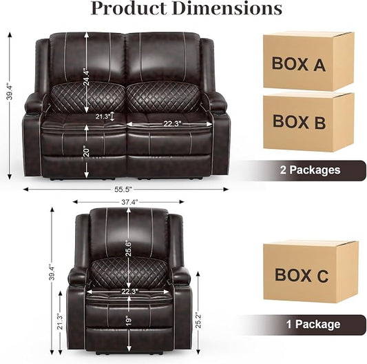 Yolsali Loveseat Lounger Sofa Set with 2 Layers Cushion Living Room 2+1 Piece 2 Seater Reclining Double Sofa Leather with Removable Console 1 Oversized Lounger Sofa Seats