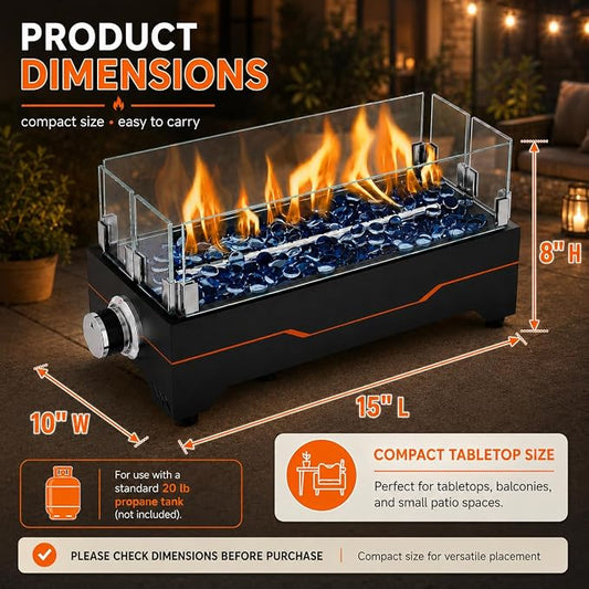 GRISUN Tabletop Fire Pit,15 Inch Propane Fire Pit Table,30000 BTU Table Top Firepit with Glass Wind Guard,Stainless Steel Burner,Fire Glass,Portable Propane fire Pit for Patio, Camping, Backyard & RV