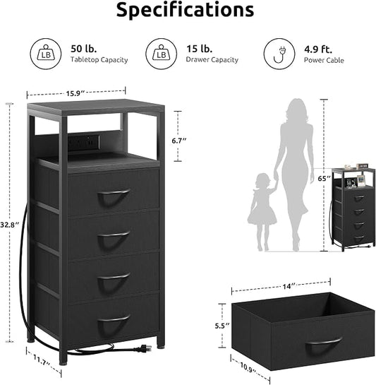 Lazzanto NightStand Bedside Charging Table Bedroom - Black Night Stand with Charger Station, Modern Bed Side End Table with Open Shelf & 4 Fabric Drawers, USB-C Port for Dorm Living Room